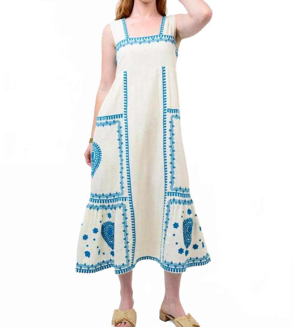 NEW IVY JANE gauze embroidered sundress in ivory and blue
